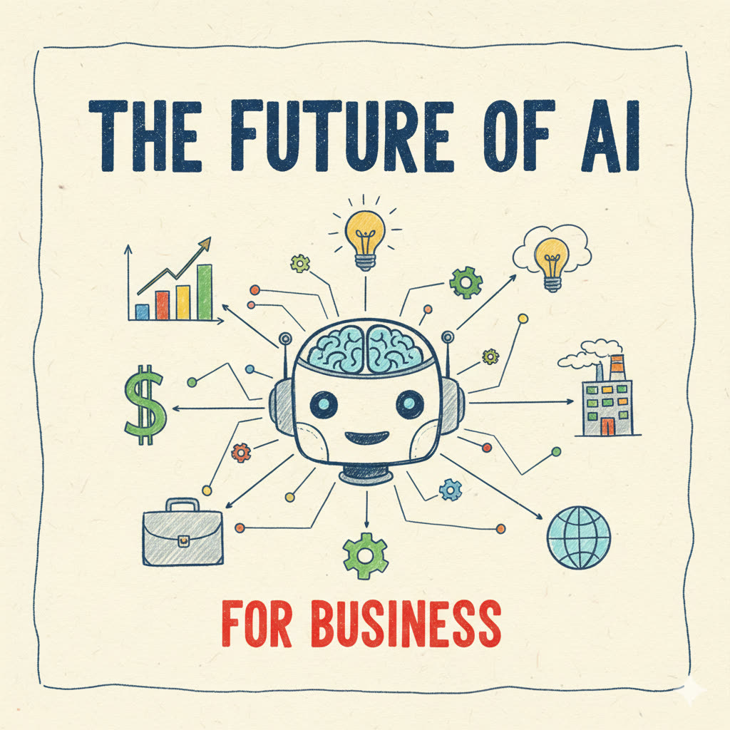 A hand-drawn style illustration titled The Future of AI for Business, showing a friendly robot head connected to charts, lightbulbs, a briefcase and a globe