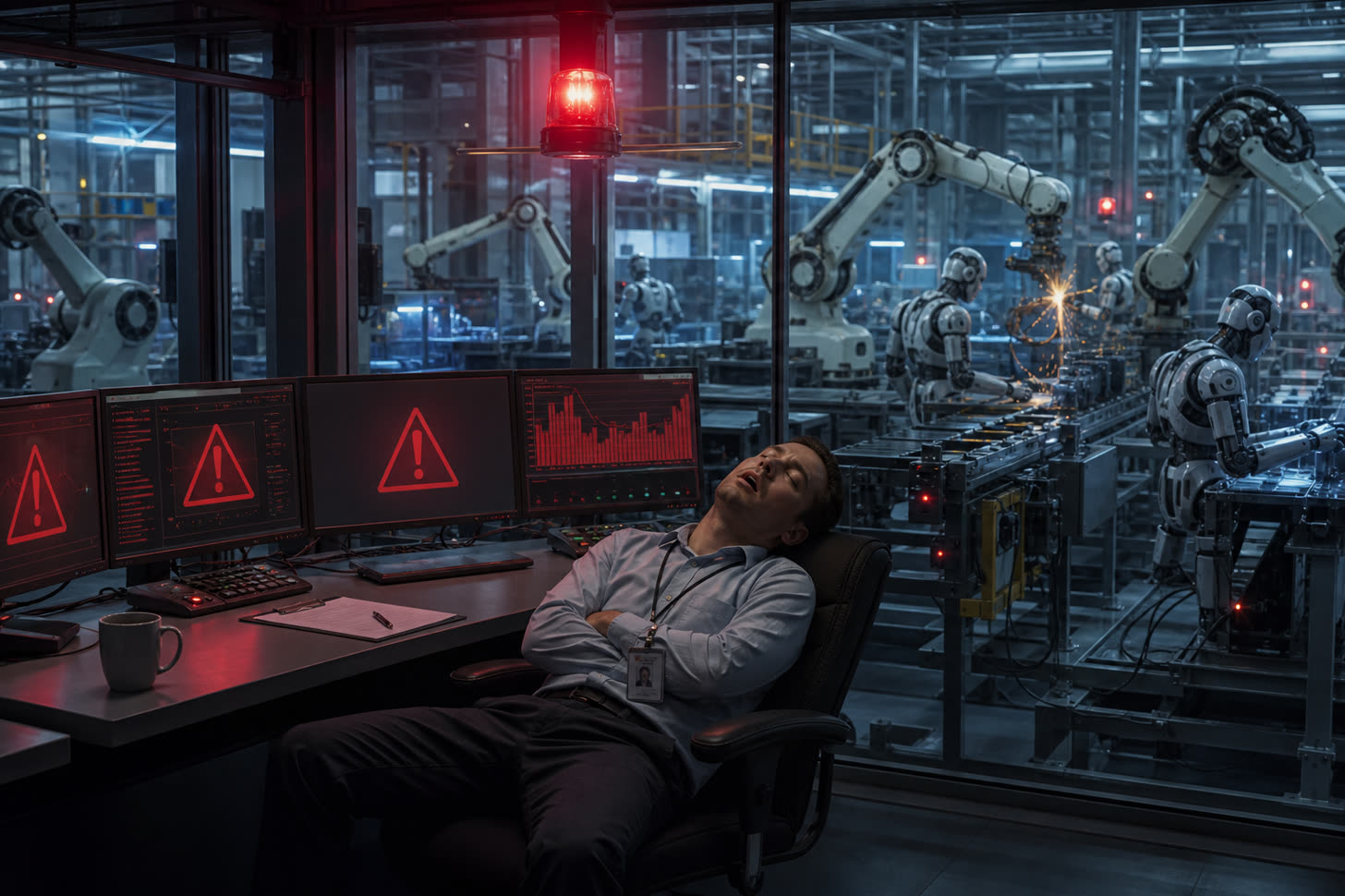 A control room operator asleep in his chair while red alert warnings fill the monitors behind him and robot arms keep working on the factory floor