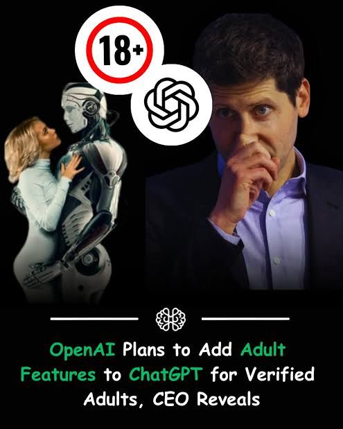 A news graphic reporting that OpenAI will allow erotica for verified adult users, showing a press photograph of Sam Altman beside an 18+ badge